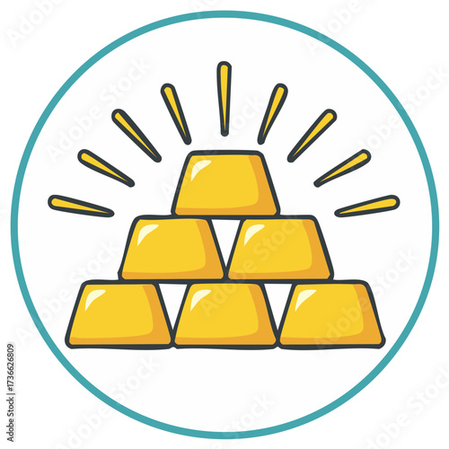 Bright stack of shiny gold bullion bars with glowing effect in a circle icon