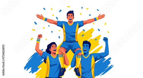 Celebrating Team Victory: Friends Rejoicing Together, Triumphantly Lifted, Sporting Success