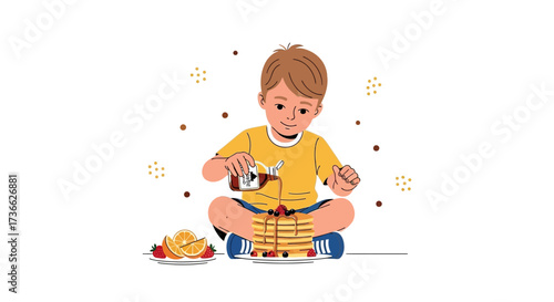 Child Enjoys Pouring Syrup on a Stack of Pancakes With Fruits for Delicious Breakfast