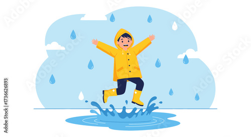 Child happily jumping and playing in a puddle on a rainy day with yellow raincoat