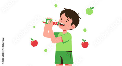 Cheerful Youngster Sipping Apple Juice with Animated Fruits on Isolated White Background