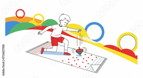 Cheerful Youngster Plays With Spinning Top On Rug With Abstract Colorful Shapes