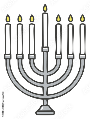 Cartoon illustration of a lit Hanukkah menorah with nine candles glowing for the Jewish festival of lights
