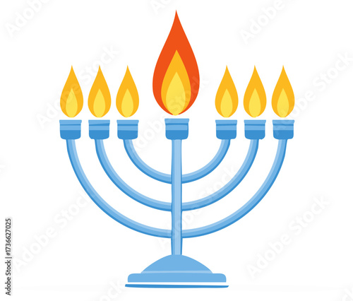 Illustrative Menorah with Seven Flaming Candles in Blue