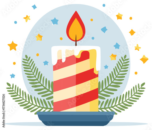 Festive Striped Candle Illustration with Flame, Ferns and Stars in Decorative Arrangement