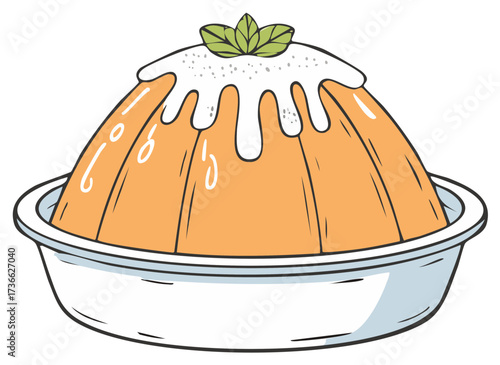 Cartoon dessert with icing and mint leaves in bowl