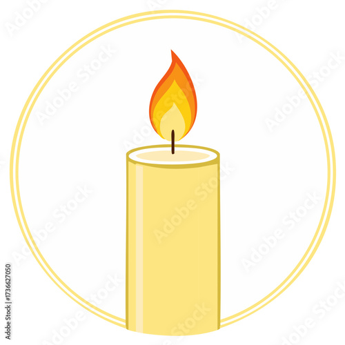 Illustration of a simple lit candle with a warm glowing flame in a decorative yellow double circle