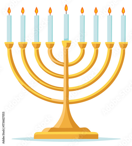 Golden menorah with nine burning candles on a white background