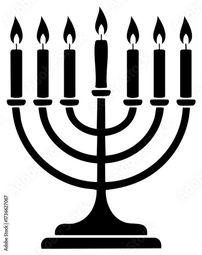 Hanukkah Menorah with Seven Lit Candles Black and White Graphic Icon