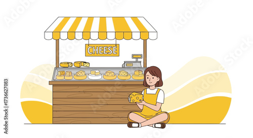 Cheese Shop Owner Showing Large Cheese Wedge Product in Her Store with Sunshine