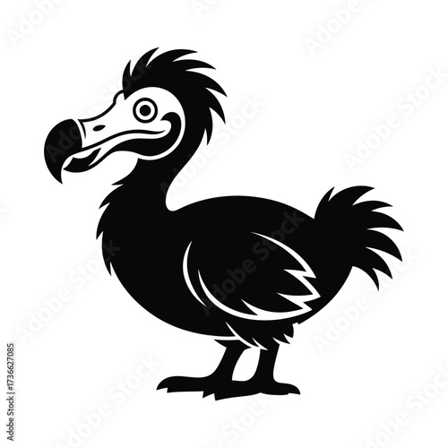 Cartoon black silhouette of a dodo bird with a white beak and eyes