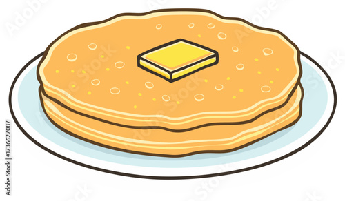Stack of golden pancakes with a pat of melting butter on a plate