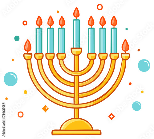Festive golden Hanukkah menorah with burning candles and colorful confetti for celebration