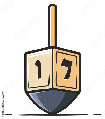 Hanukkah Dreidel with Hebrew Letters Nun and Gimel, Holiday Decoration Game Illustration