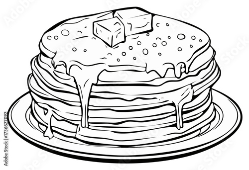 Black and white line art illustration of a stack of pancakes with dripping syrup and melting butter