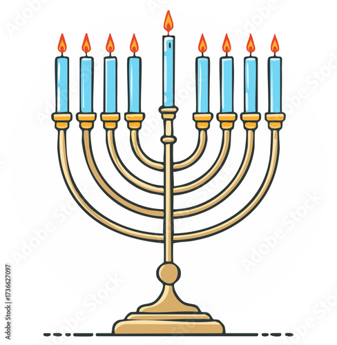 Golden Hanukkah Menorah with nine lit candles, a cartoon illustration for the Jewish holiday celebration