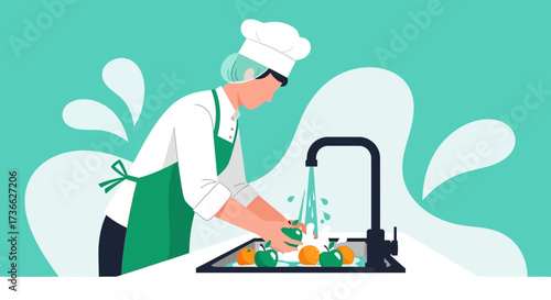 Chef At Sink Washing Fruits and Vegetables With Freshness and Cleaning Illustration