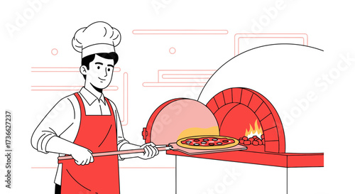 Chef Baking Delicious Pizza In Wood-Fired Oven With Pizza Shovel And Fire