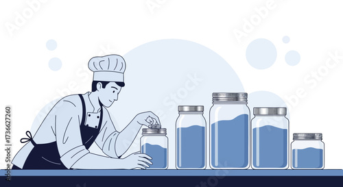 Chef Carefully Arranging Jars Prepared For Culinary Production, Perfect Illustration