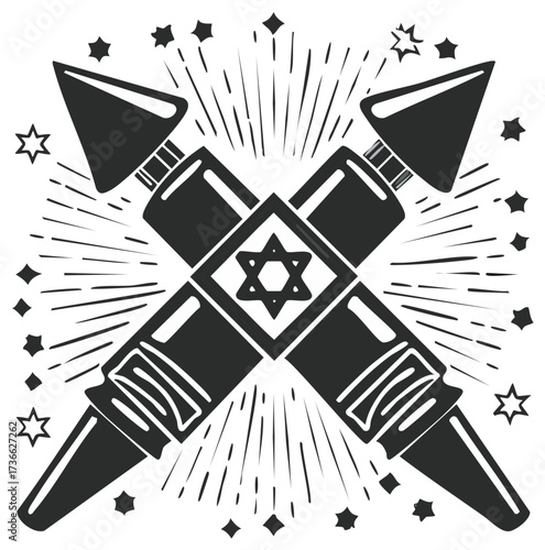 Crossed fireworks with Star of David and exploding stars vector illustration