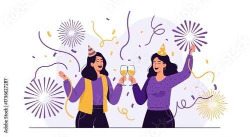 Celebratory Toast With Champagne And Confetti Amidst Festive Fireworks Displays Scenes