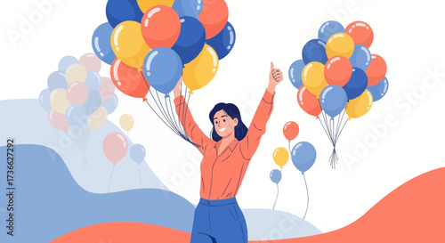Celebratory Woman Holding Colorful Balloons Expressing Joy and Enthusiasm, Upbeat Occasion