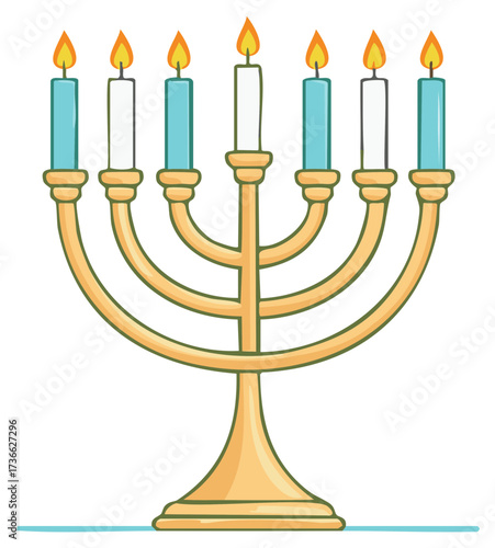 Golden Temple Menorah with seven burning candles cartoon vector illustration
