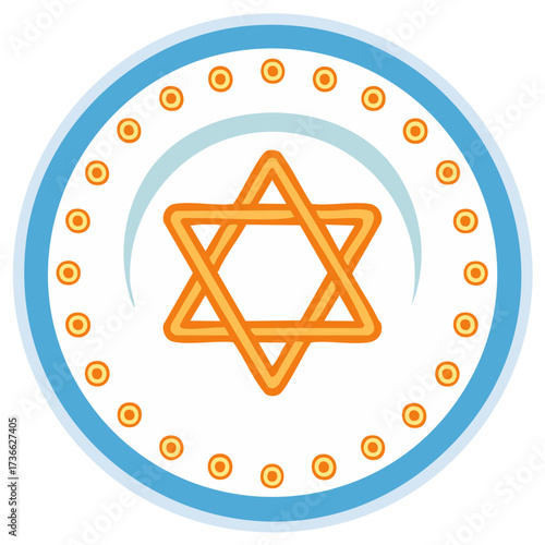 Jewish Star of David symbol in orange centered within a decorative blue circle with small orange dots and a crescent arc