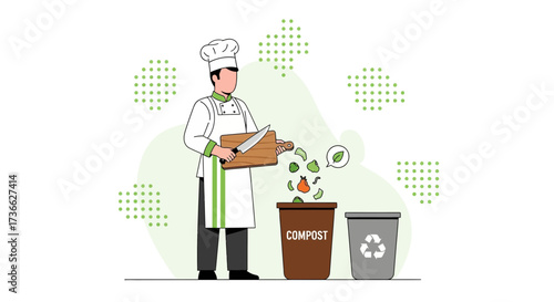 Chef composting food waste in the kitchen for eco-friendly sustainable environment