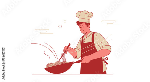 Chef Cooking Asian Noodles in a Wok with Delicate Illustration Style for Culinary Theme