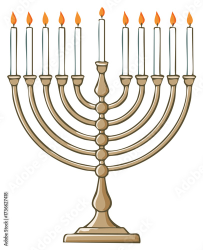 Hanukkah menorah with nine lit candles, Jewish holiday symbol illustration