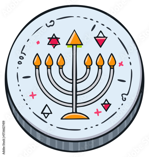 Cartoon Menorah Icon on Coin Design with Jewish Symbols and Doodle Elements