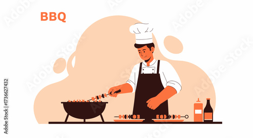 Chef cooking barbecue vector illustration, preparing skewer food, grill, bbq concept