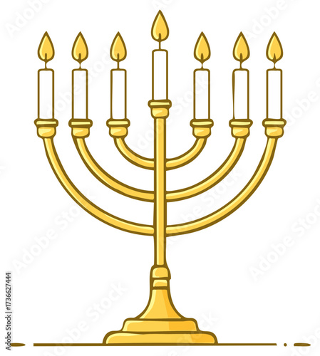 Golden Menorah with Seven Lit Candles in Elegant Illustration Style for Religious and Cultural Celebrations