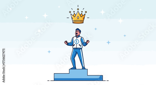 Champion Celebrates Victory With a Crown Above, Reaching the Pinnacle on a Podium