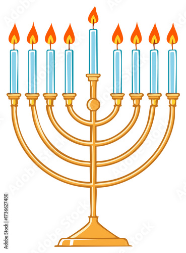 Cartoon illustration of a Hanukkah menorah with lit candles, traditional Jewish symbol