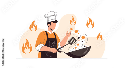 Chef cooking in a restaurant kitchen illustration, cooking fresh food, flat vector design