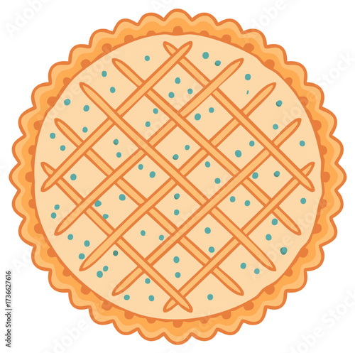 Festive Whole Fruit Pie Cartoon Illustration with Lattice Crust and Teal Blue Spots