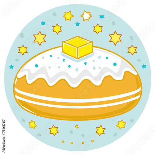 Vibrant cartoon Easter kulich illustration with white icing, a butter square, and starry design