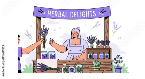Charming Herbal Delights Stall, Selling Fragrant Lavender, Aromatic Herbs, and Botanic Treasures