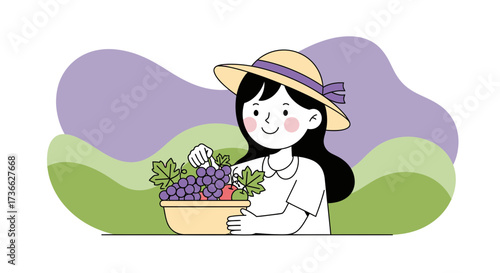 Charming Young Lady Harvesting Fresh Grapes in an Orchard During a Sunny Day