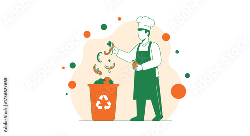Chef discarding food waste into recycle bin, representing environmental responsibility and conscious