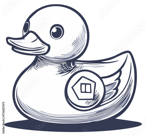 Monochrome line art illustration of a classic rubber bath duck featuring a prominent house symbol