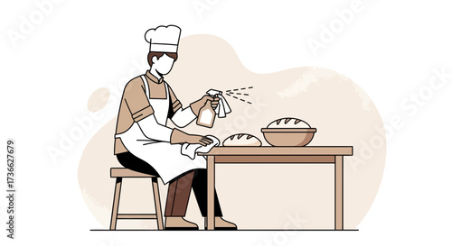 Chef Disinfects Baking Surface Before Bread Preparation Against Unseen Contamination