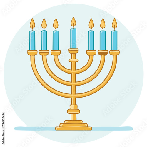 Golden Chanukah Menorah with Eight Blue Candles and a Central Shamash Burning Bright