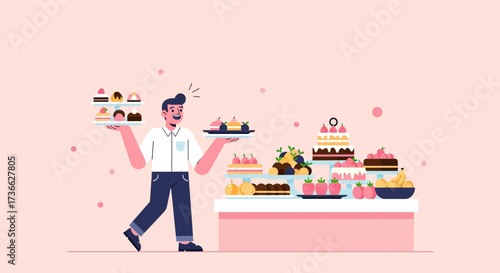 Cheerful Baker Presenting Variety Of Cakes And Pastries In The Confectionery Shop