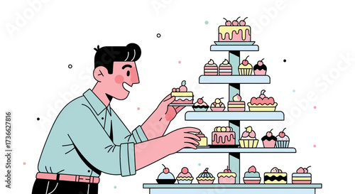 Cheerful Baker Presenting Delightful Cakes And Pastries On Display For Sweet Lovers