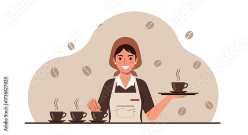 Cheerful Barista Serving Steaming Coffee, Illustrated Aesthetic for Culinary Themes