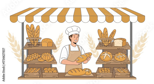 Cheerful Baker Showcasing Freshly Baked Bread at a Cozy Bakery Shop