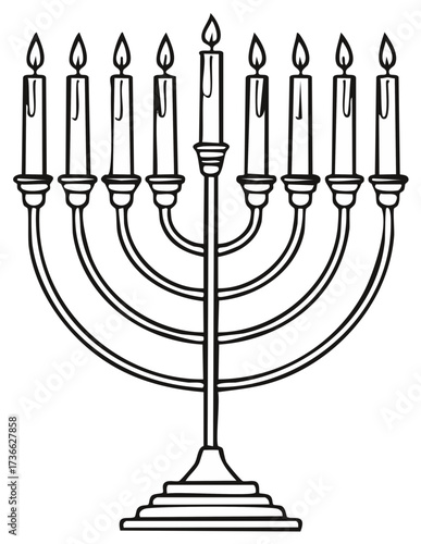Menorah line art with nine lit candles, isolated.